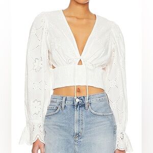 Cleobella Clementine Blouse White Cropped Long Sleeve Eyelet Cut Out Top Small